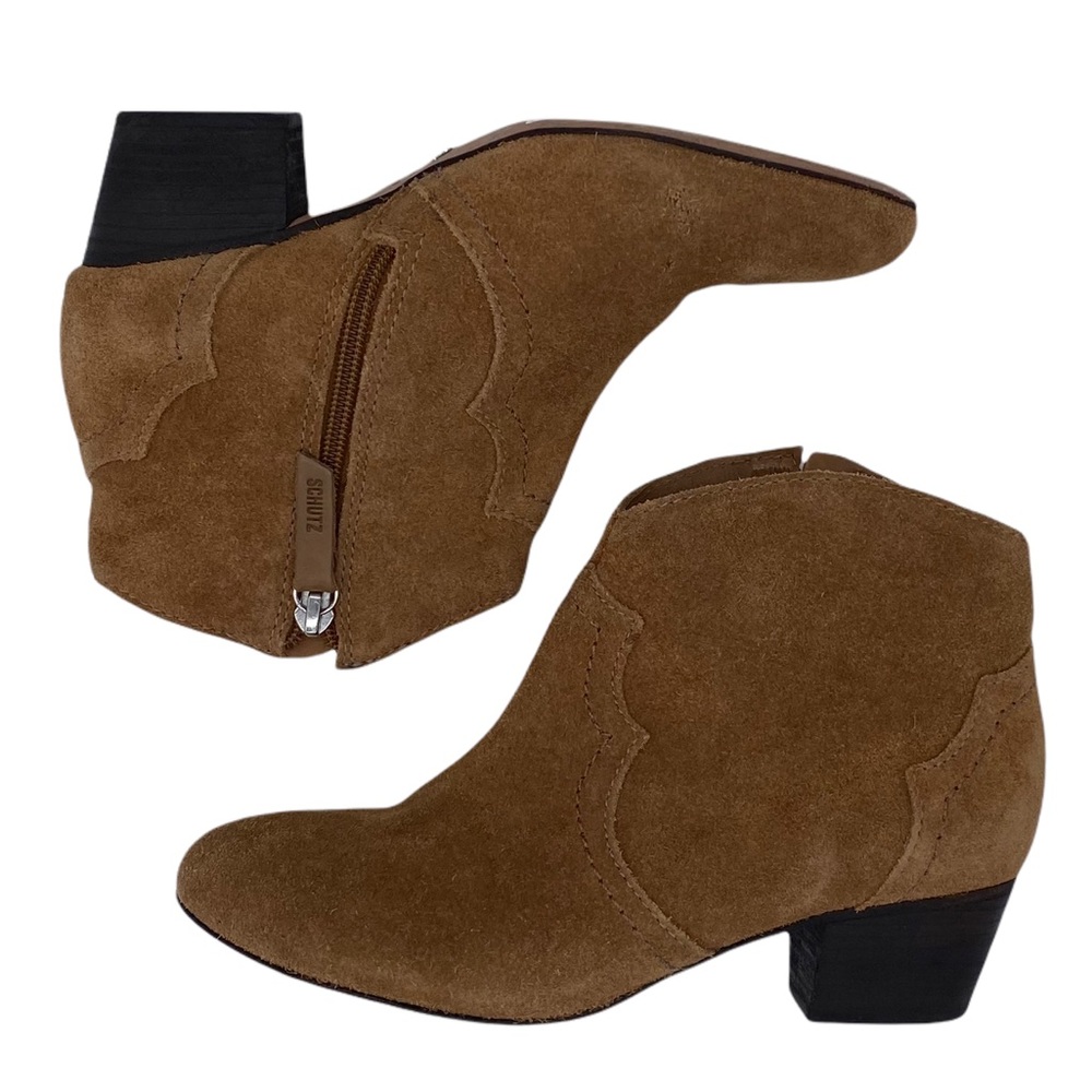 Schutz Abiha Tan Suede Leather Zip Block Heel Western Boot Bootie Size 6